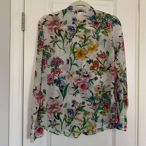 H&M Women Blouse Sz 8 Beige Floral Botanical Plumeti Chiffon Stand Up Collar - Picture 2 of 9